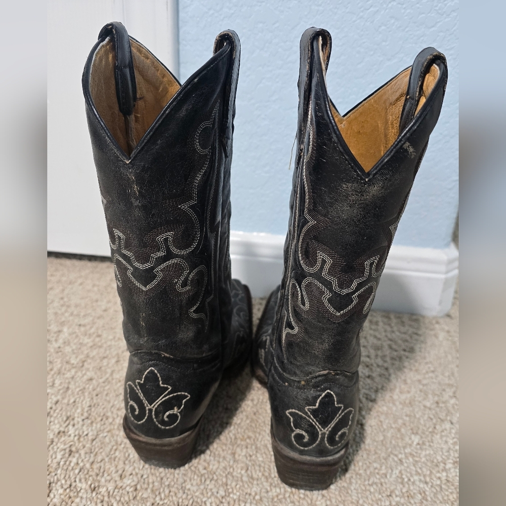 CORRAL Vintage Teens Distressed Black / Gray Leather Cowboy Boots in Size 2 - Picture 3 of 11